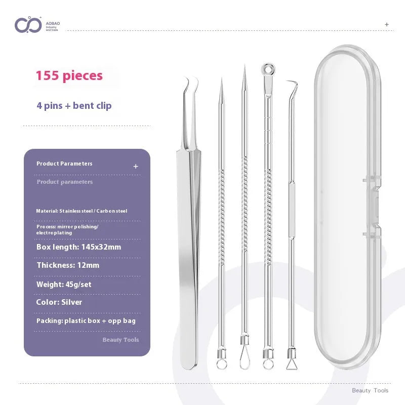 4-piece metal acne needle set with ultra-fine pointed clips on a silver background.