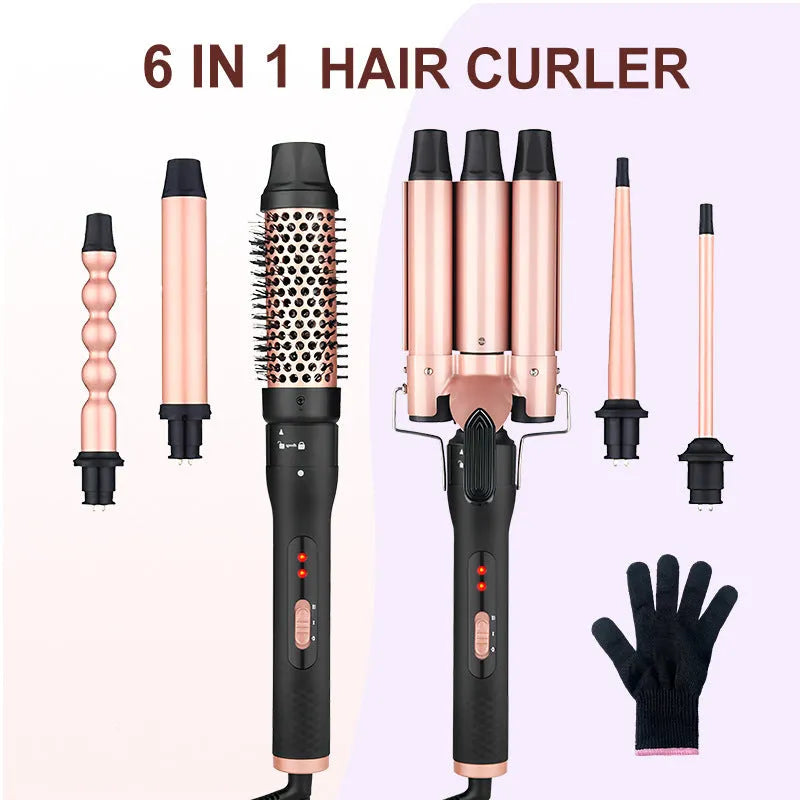 Three-barrel water wave hair curler styling tool with wired power cord for curly and straight hair