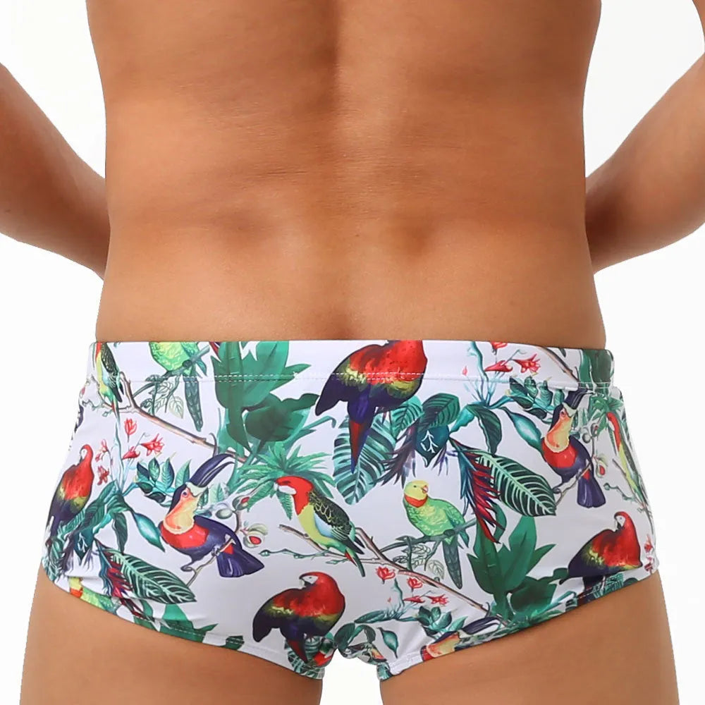 Men's flower-bird print swimming trunks in small boxer style with nylon fabric