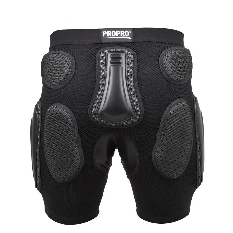 Black cycling protective trousers with integrated hip pads, shown in size L.