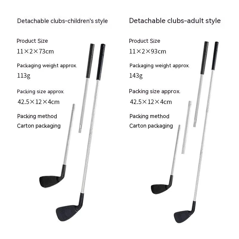 Metal golf practice club set showing adult and children's models for outdoor sports activities