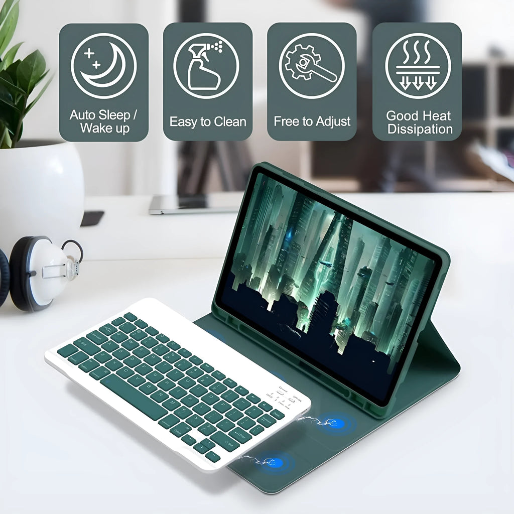 Soft TPU tablet protective case with integrated Bluetooth keyboard and separate charging mouse in Dark Green.