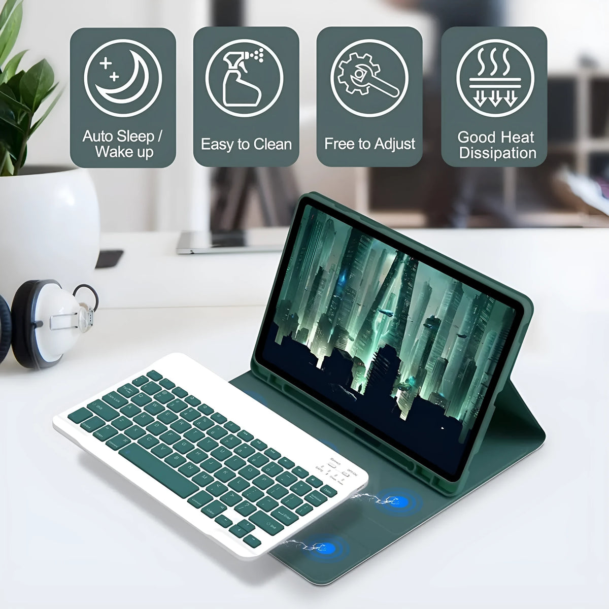 Soft TPU tablet protective case with integrated Bluetooth keyboard and separate charging mouse in Dark Green.