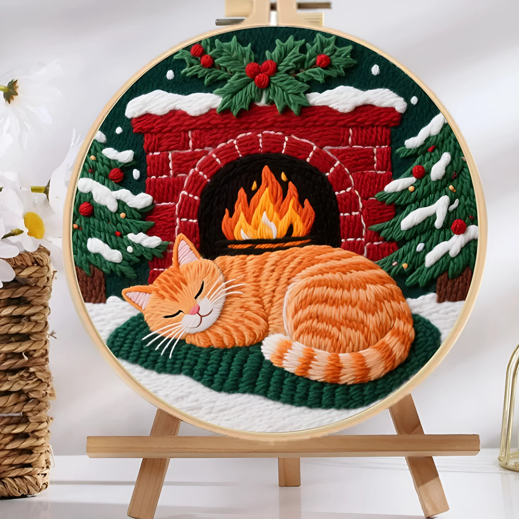 Cat embroidery DIY kit showing autumn fruit patterned cotton linen fabric with imitation bamboo embroidery frame