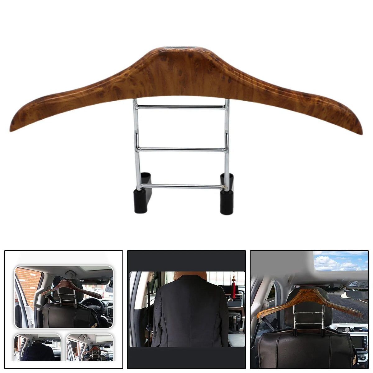 Wood yellow stainless steel car clothes hanger mounted on a car seat