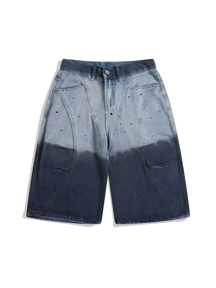 Blue gradient tie-dye loose cropped jeans on a mid-rise model.