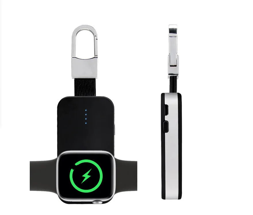 Black Apple Watch wireless charging power bank with keychain attachment for portable use