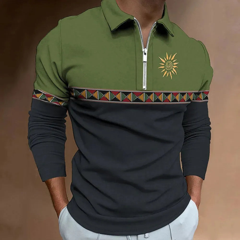 Man wearing a retro striped print long-sleeve t-shirt with zip decorations and a loose fit.