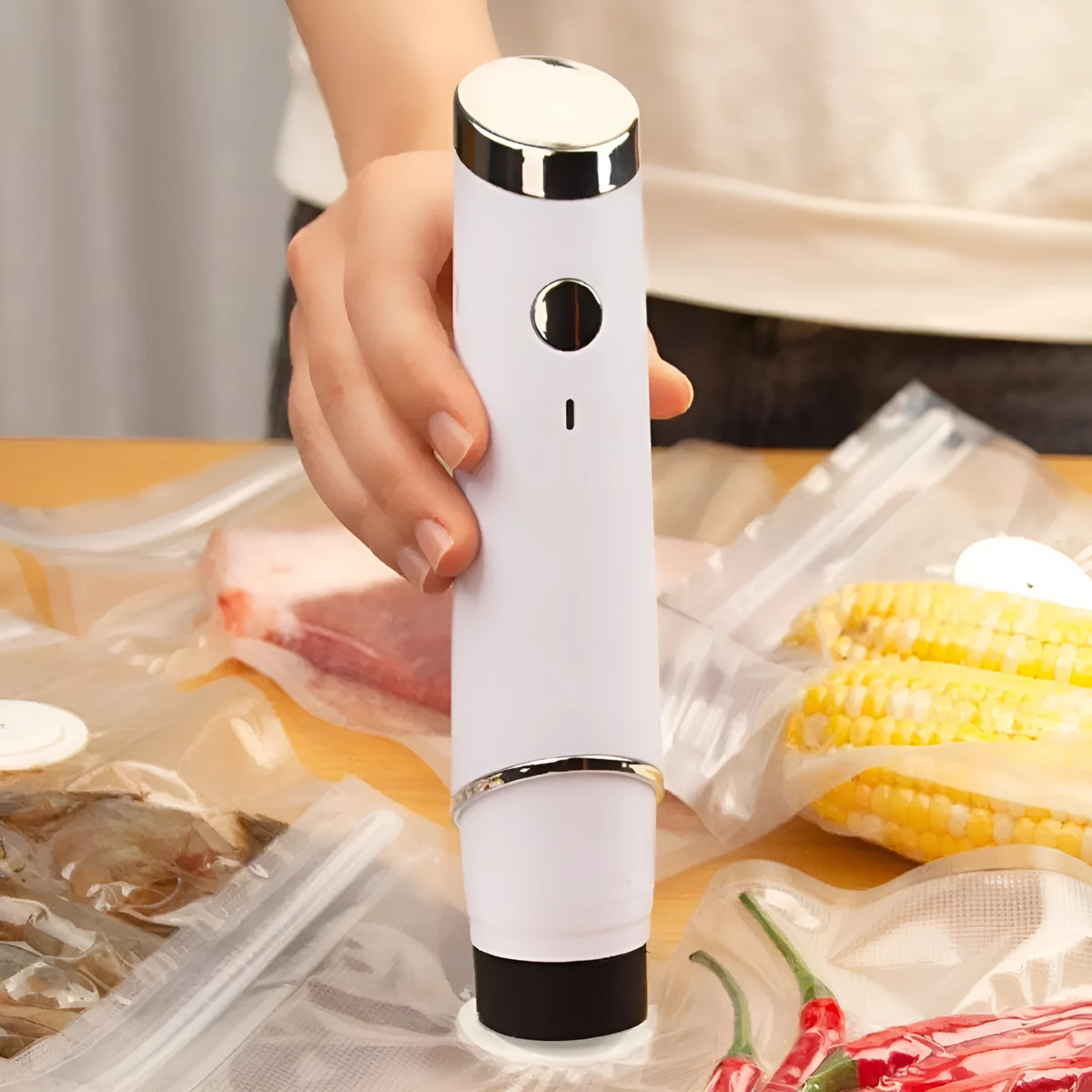 White USB electric vacuum food storage pump with 26x28cm vacuum bags for kitchen use