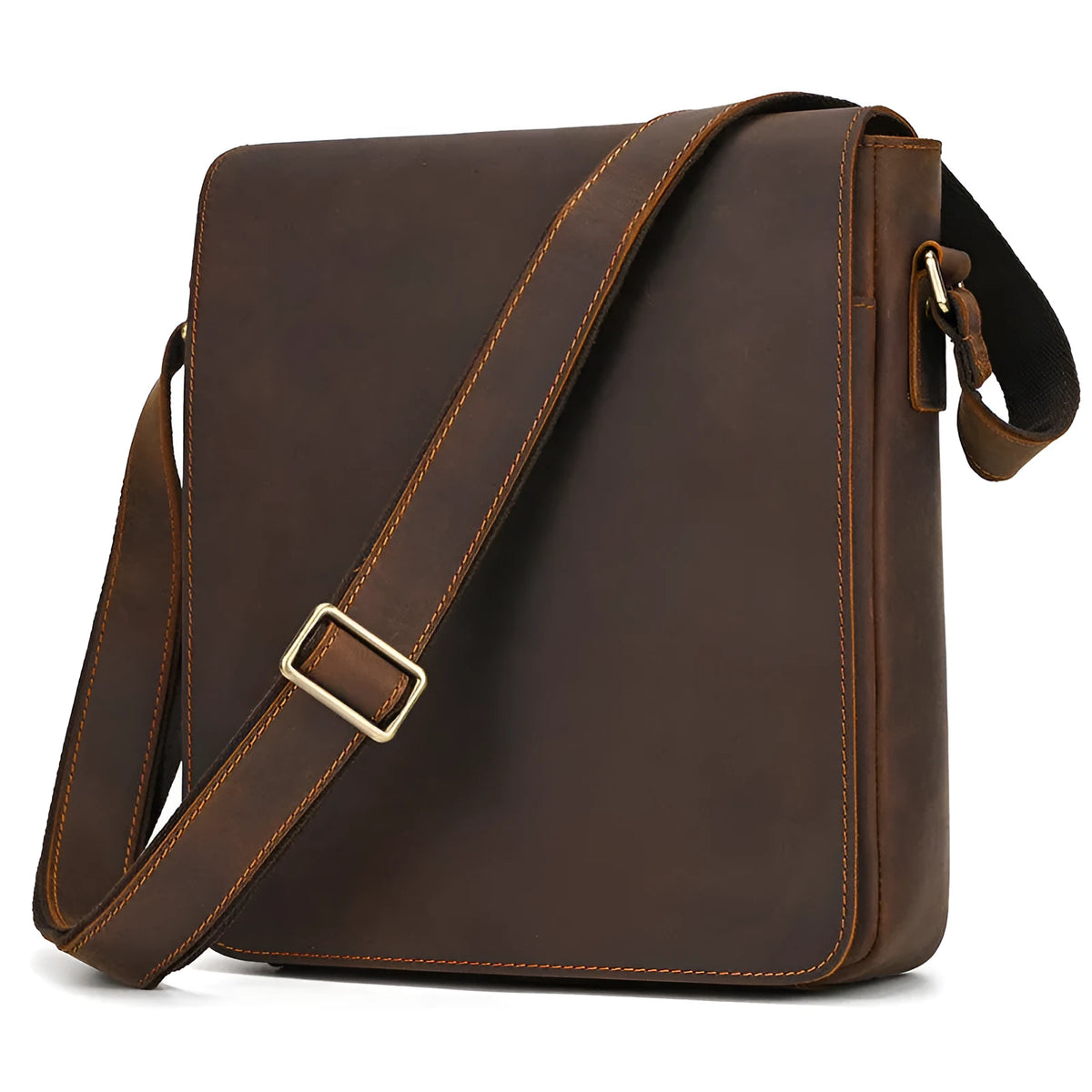 Men's brown cowhide leather crossbody bag with flip shoulder strap and retro style.