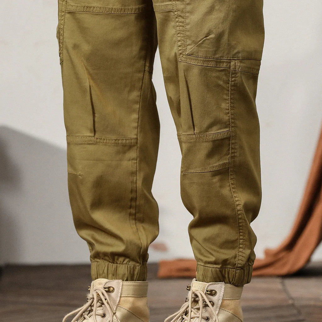 Men's loose cotton trousers with ankle banded design in four colour options