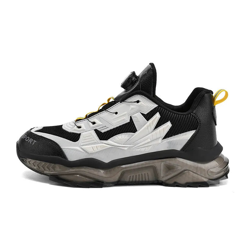 Men's black rotating button casual shoes with mesh upper and platform sole.