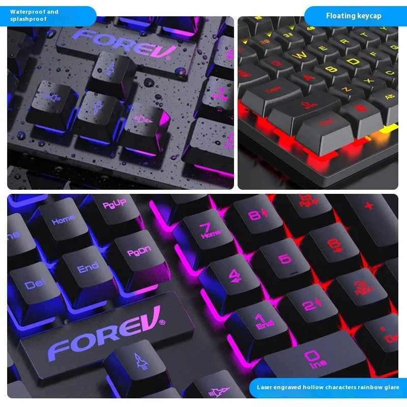 Black gaming keyboard and mouse combo with backlight illumination showing 104-key layout