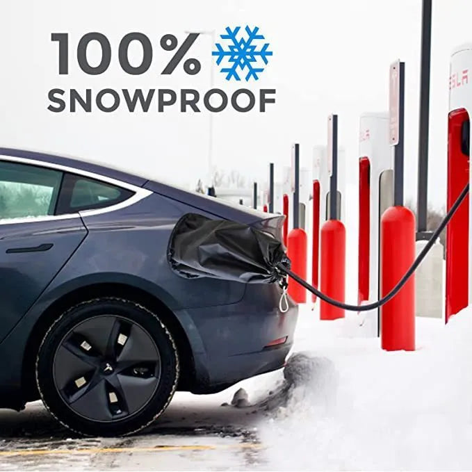 Grey waterproof drawstring cover for an electric vehicle charging port.