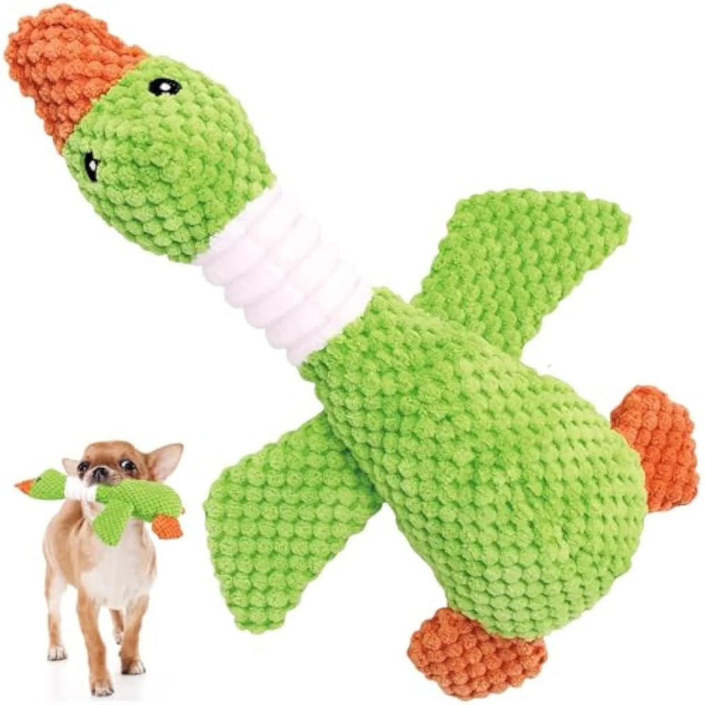 Blue durable duck-shaped plush dog toy with squeaker on a plain background