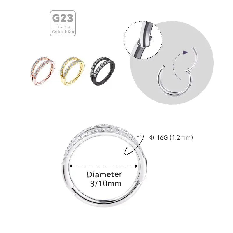 Titanium alloy nose ring with G23 monoclinic diamond finish in gold colour showing gauge size