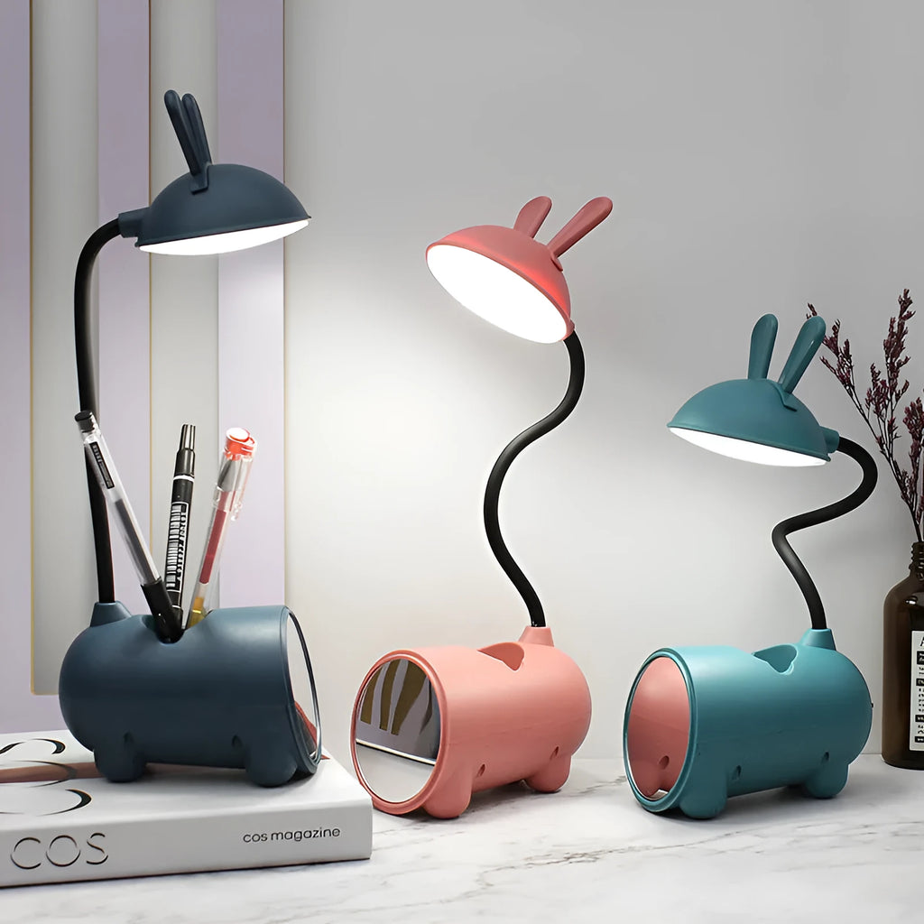 Cartoon USB desktop table lamp with integrated pen container in green colour