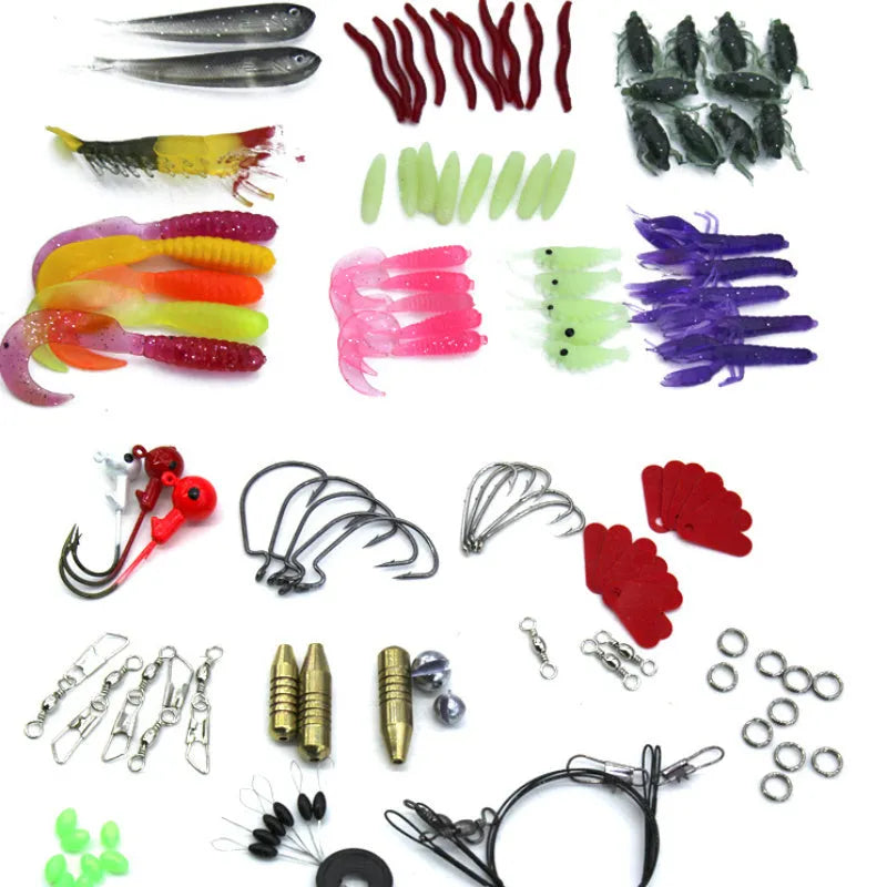132-piece fishing lure suit kit with rose red plastic baits and high carbon steel hooks in tackle box