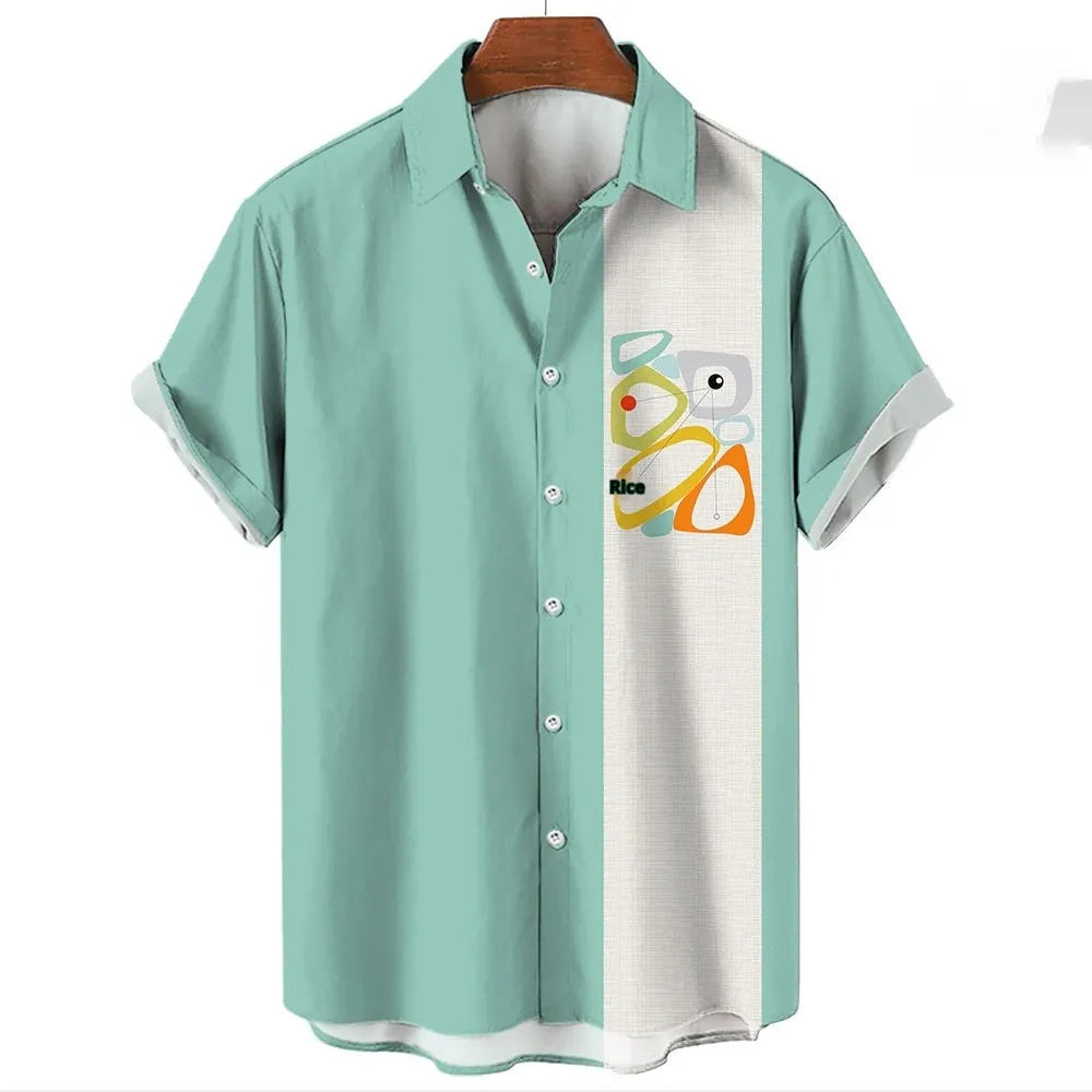 Men's striped Hawaiian casual button-up shirt with short sleeves in a cardigan style.