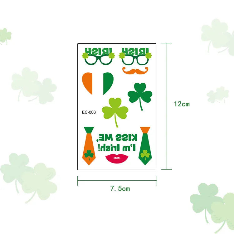 Single Irish festival flag temporary tattoo sticker with clover design, measuring 120mm by 75mm.