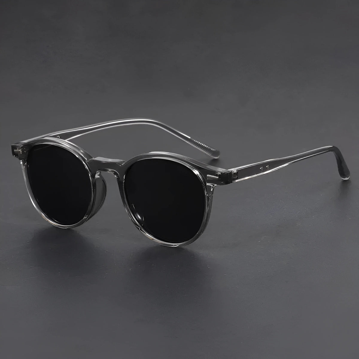 Ultra-light round frame retro sunglasses with polarised grey lenses in multiple colour combinations