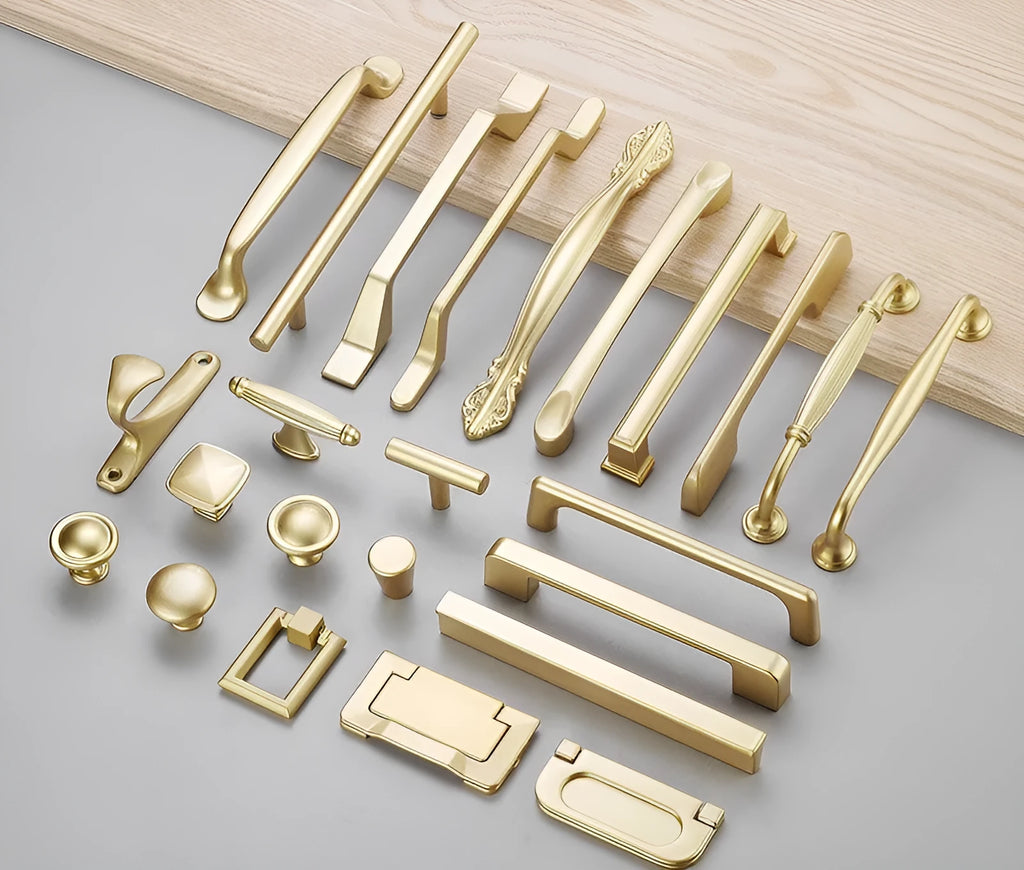 Gold aluminium T-shaped single hole cabinet handle shown from the side