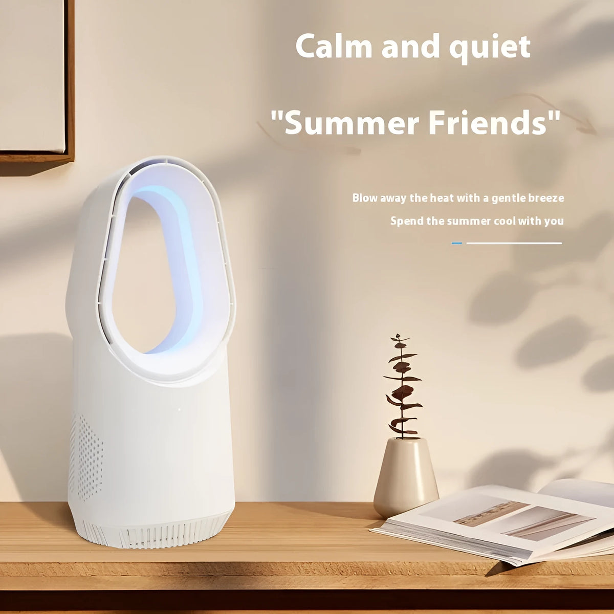 White SK bladeless tower fan with a remote control on a wooden floor next to a desk.
