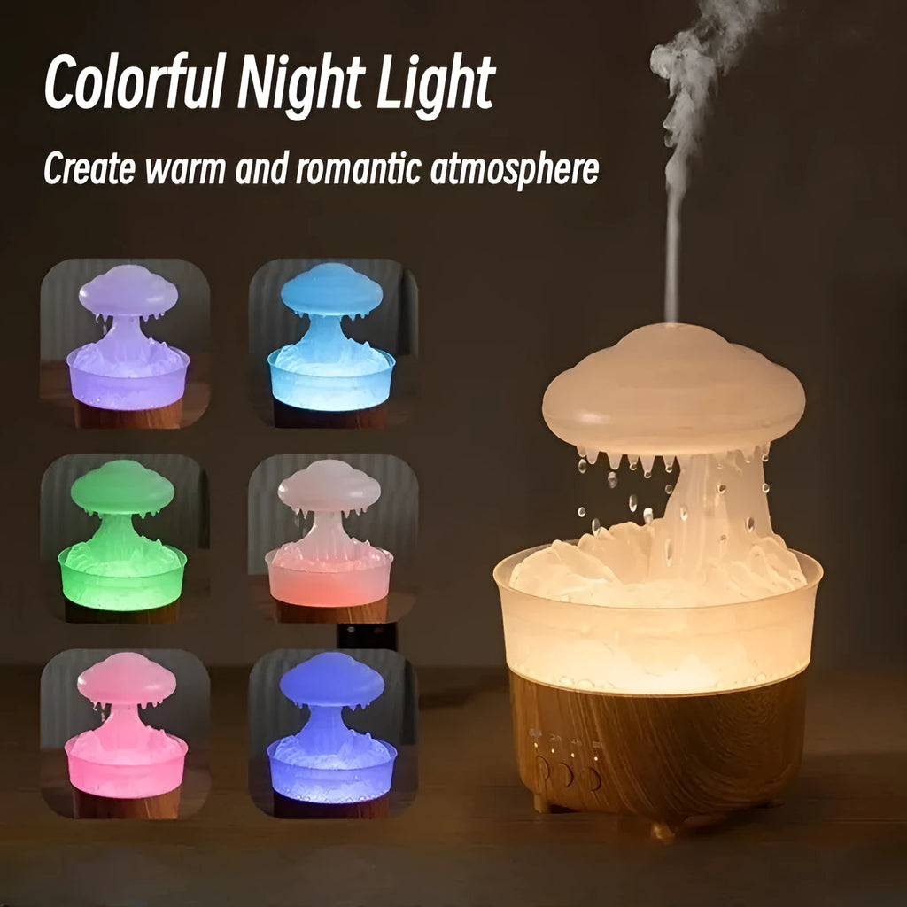 Wood grain white rain cloud shaped humidifier and essential oil diffuser with multi-colour LED night light.