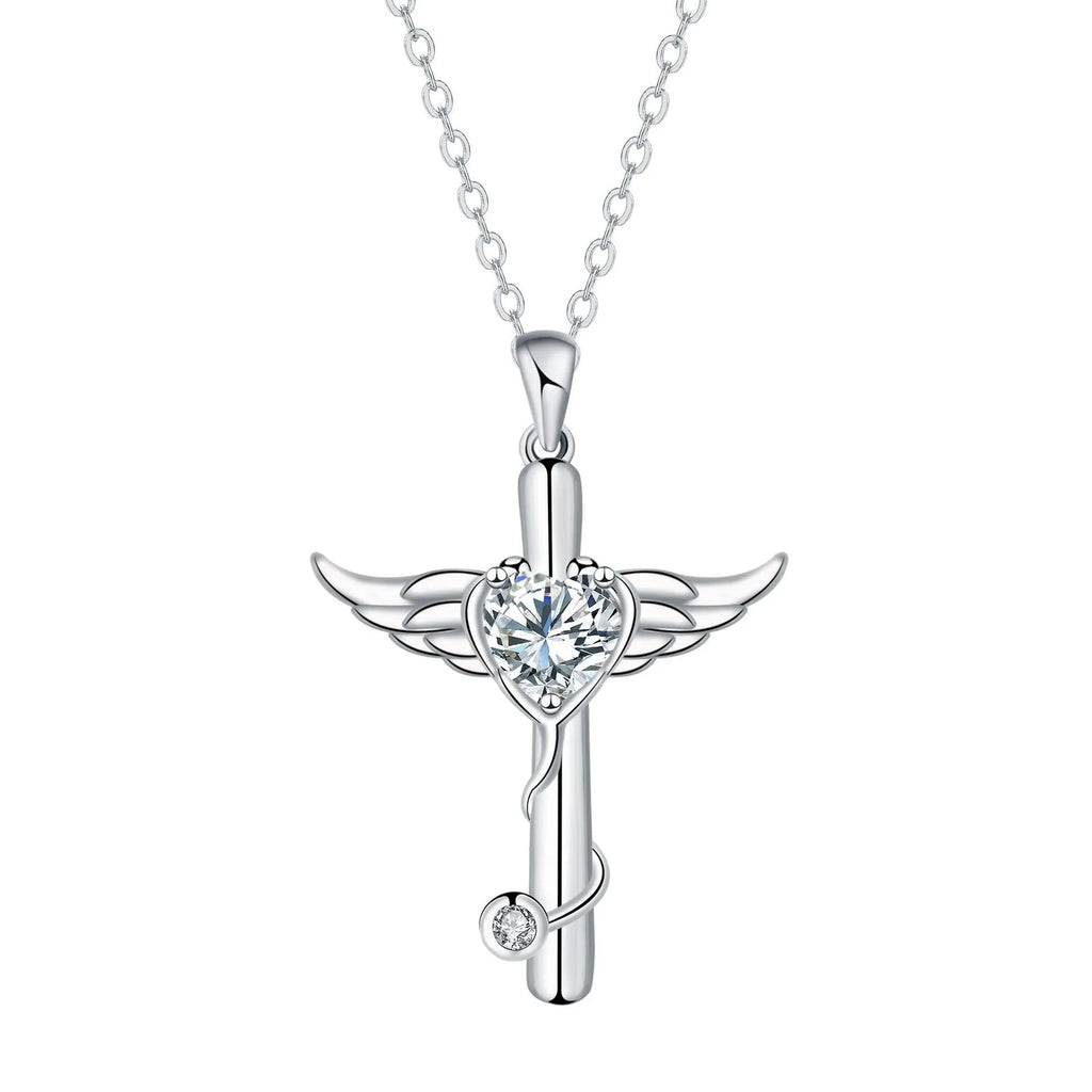 Close-up of a copper stethoscope cross pendant with wing details on a chain, available in Red Diamond or White Diamond finish.