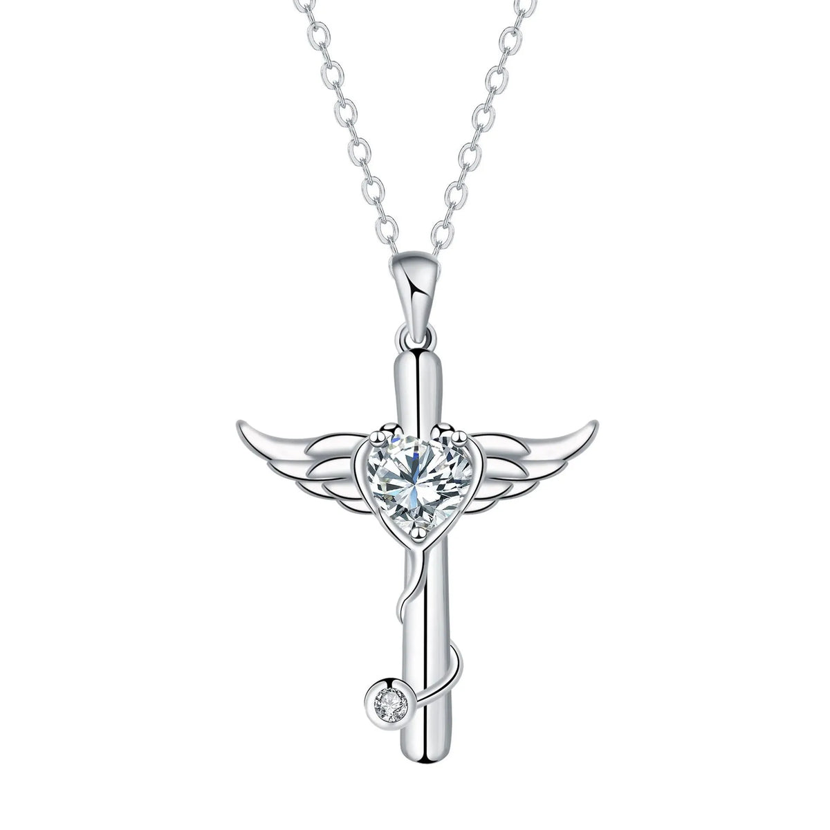 Close-up of a copper stethoscope cross pendant with wing details on a chain, available in Red Diamond or White Diamond finish.