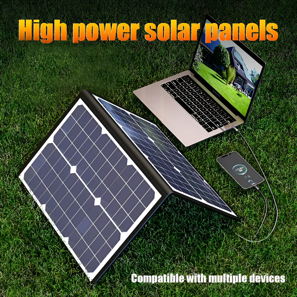 Black 40W folding solar panel in portable bag showing compact 425x285mm folded size