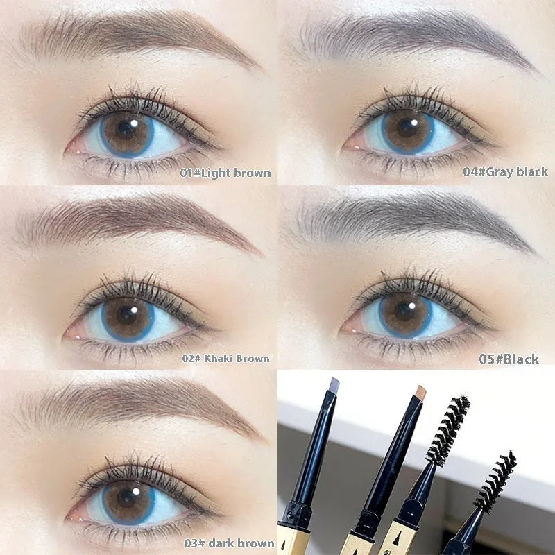 Small gold ultra-fine eyebrow pencil showing five natural shade options including brown and gray tones