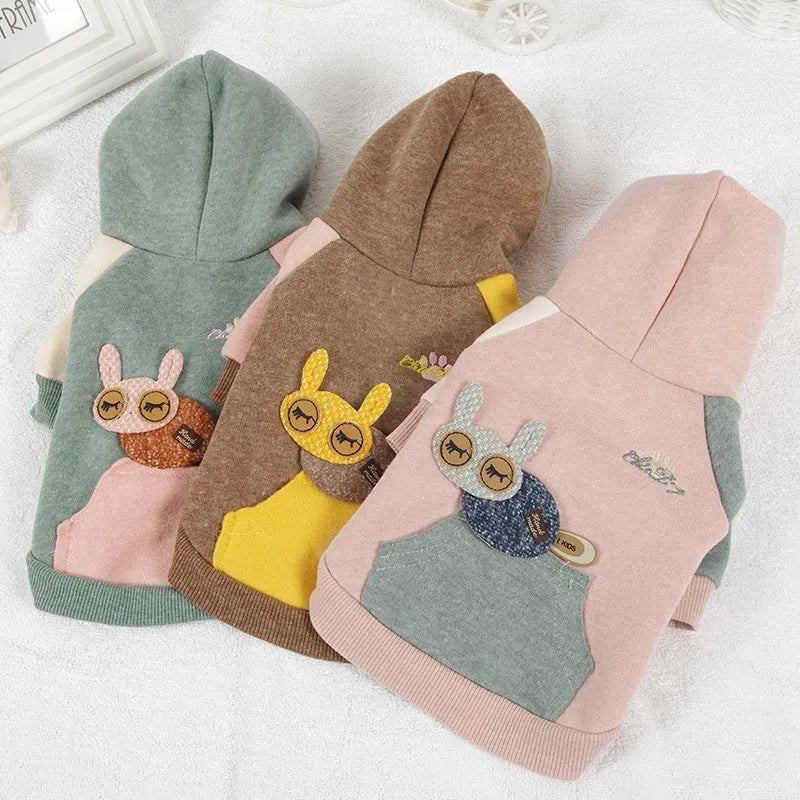 Brown cotton dog sweatshirt shown on a mannequin, with green and pink colour variants visible.