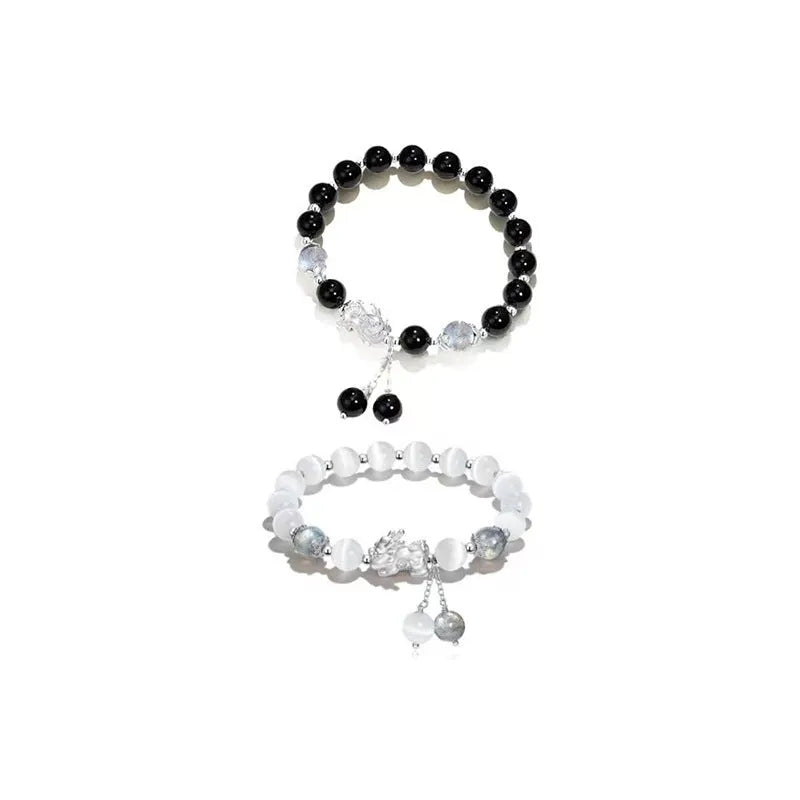 Natural black agate and grey opal couple bracelet with 10mm wave-shaped beads