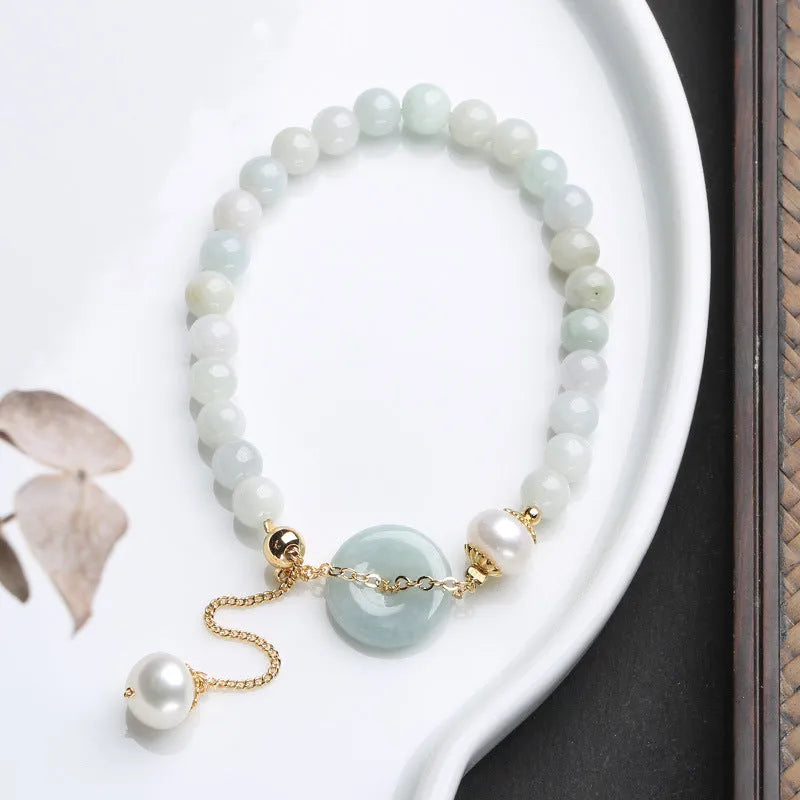 Natural emerald peace buckle pearl bracelet with jade round pendant and geometric national style design