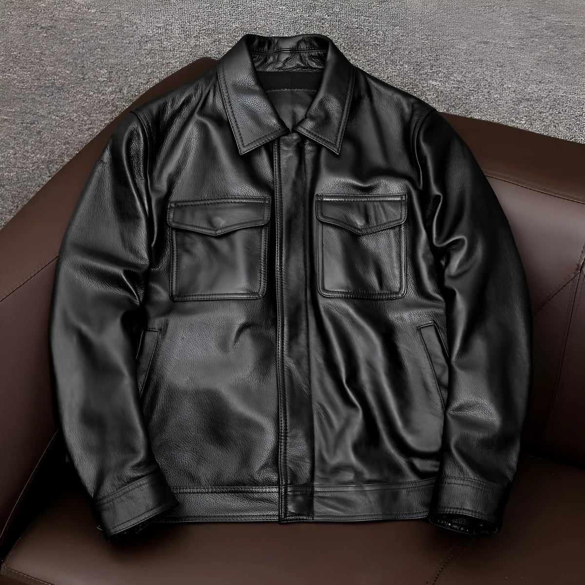 Men's plus size black retro Kaji style lapel leather jacket with side pockets