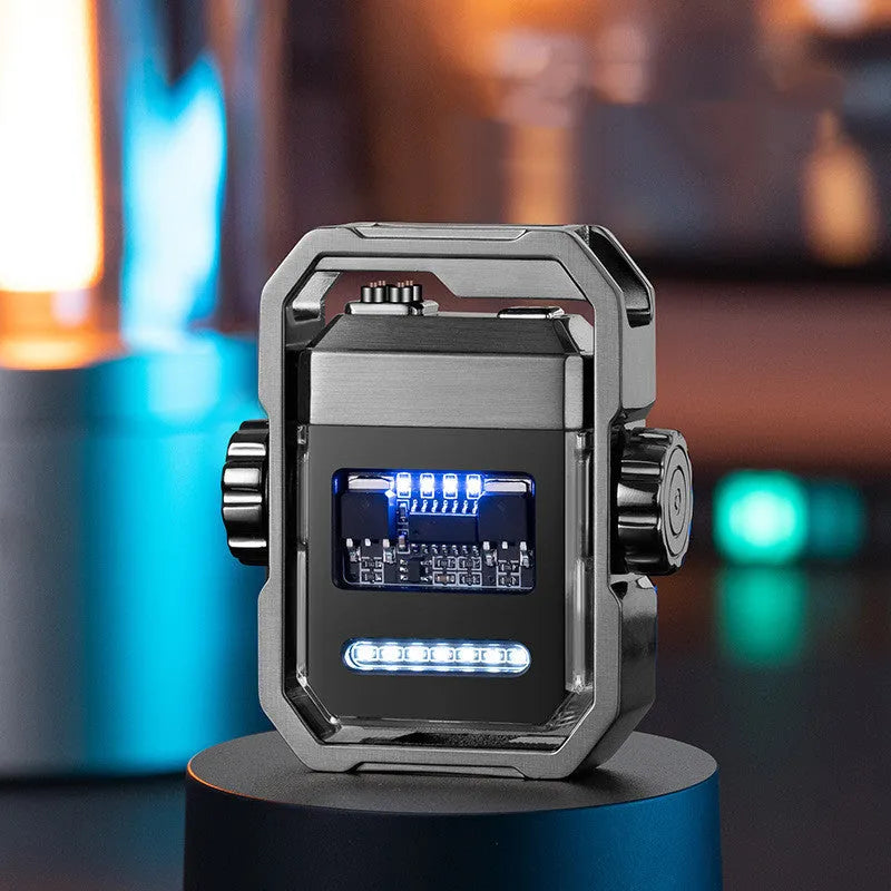 Blue zinc alloy electric pulse lighter with a glowing double arc flame and a visible rotary gyroscope mechanism.