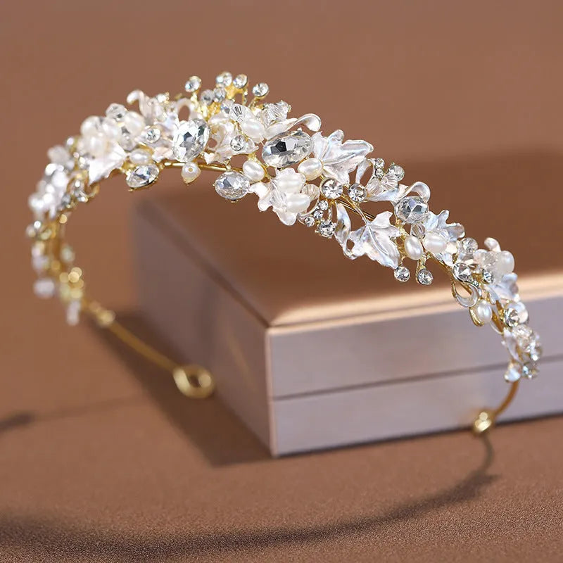 Gold or silver electroplated alloy pearl crown headdress women's hair accessory