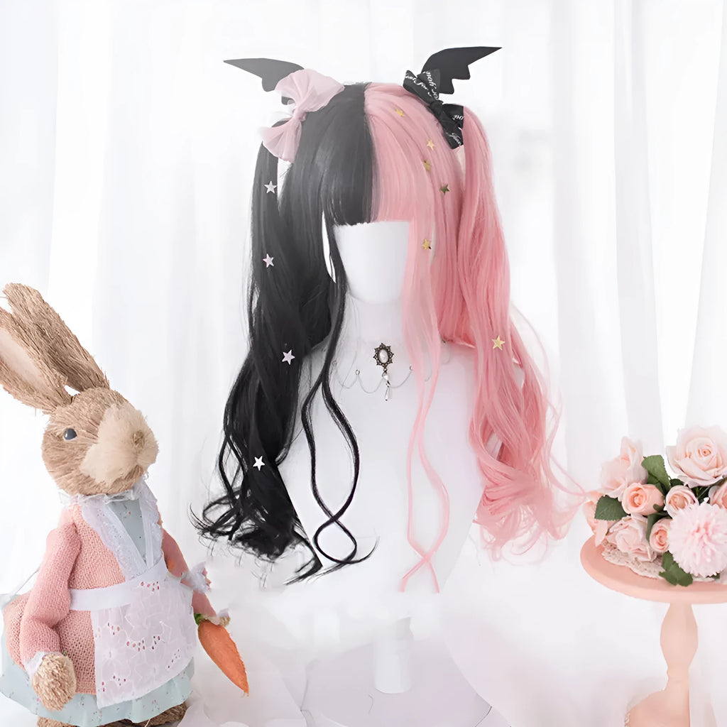 Harajuku Lolita Lo Niang long curly wig with bangs in Black Pink, high-temperature fiber cos wig for ladies