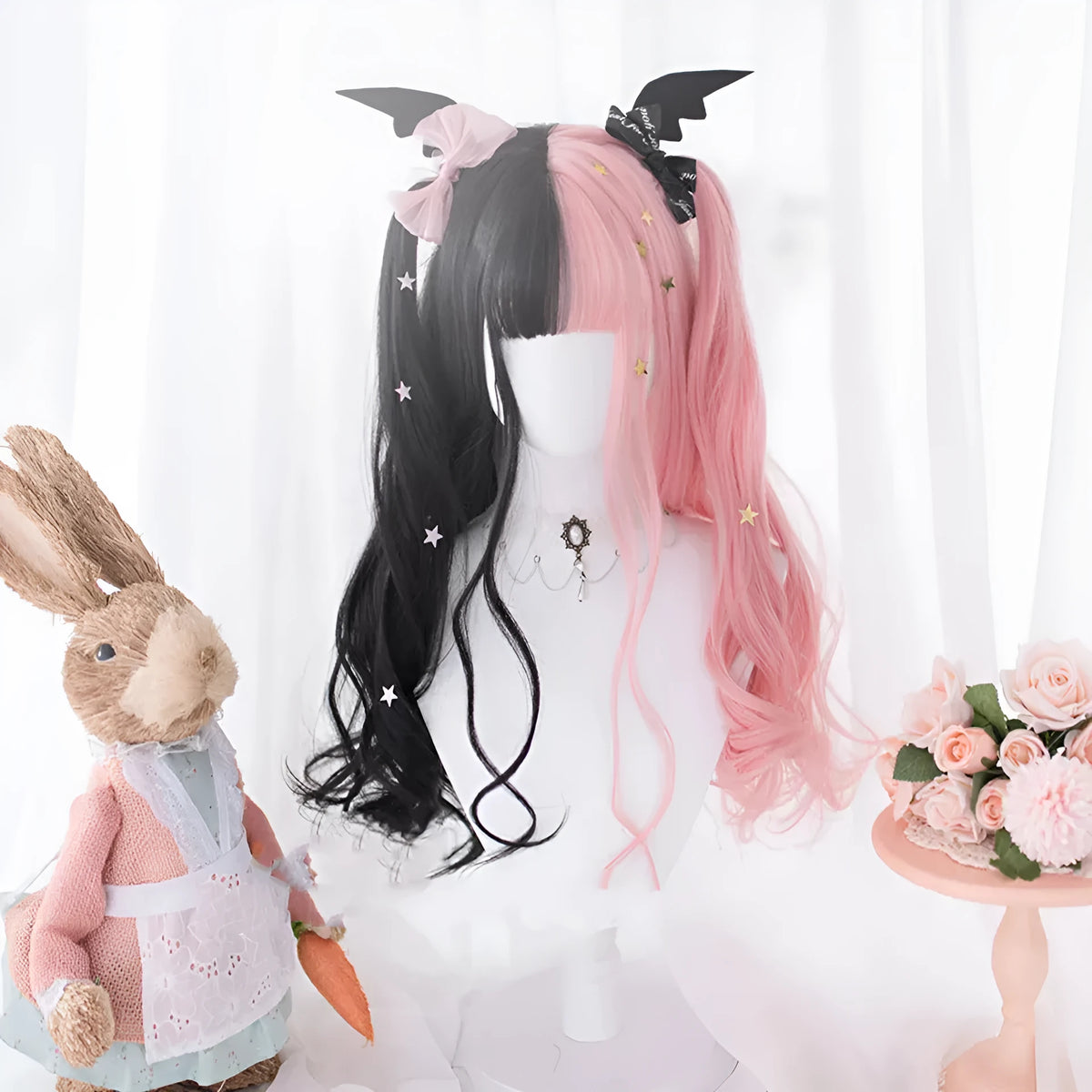 Harajuku Lolita Lo Niang long curly wig with bangs in Black Pink, high-temperature fiber cos wig for ladies