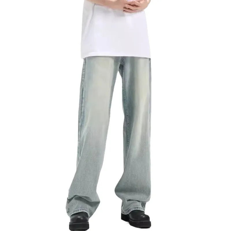 Blue loose-fit retro casual trousers made from rabbit fur fabric, shown on a hanger.