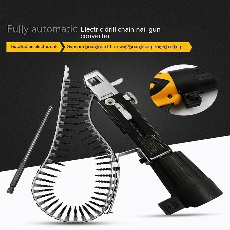 Chain screw gun head conversion kit with metal components for electric screwdriver attachment