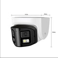 Outdoor security camera with dual lenses, measuring 124x72x201mm with IP66 waterproof rating