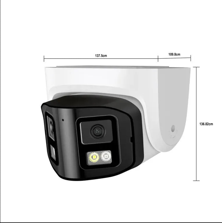 Outdoor security camera with dual lenses, measuring 124x72x201mm with IP66 waterproof rating