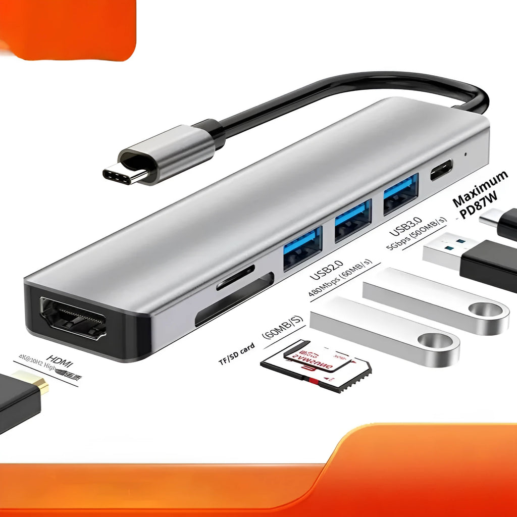 USB-C 7-in-1 expansion dock with HDMI port, USB 3.0 ports, and 15cm cable