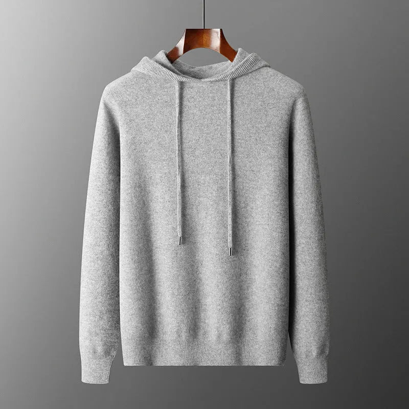 Men's light grey cashmere hoodie and joggers set displayed together as coordinated winter leisurewear