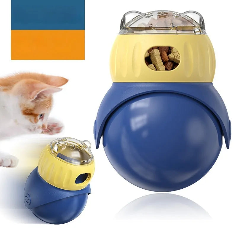 Owl-shaped yellow and blue plastic cat food puzzle feeder with self-service portion control