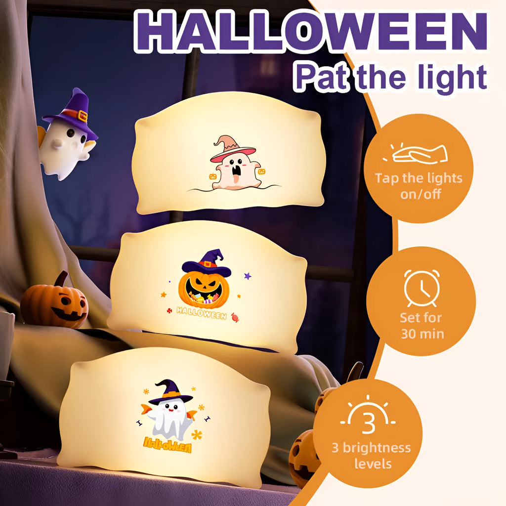 Cartoon Halloween ghost doll table lamp on a desk, showing warm light glow.