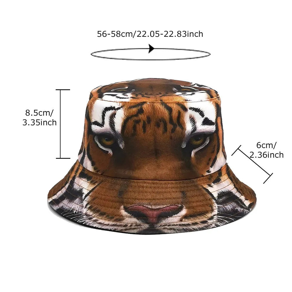 Khaki tiger print bucket hat with domed crown on a neutral background.