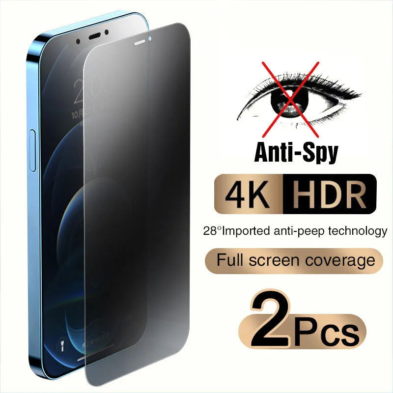 iPhone anti-peeping tempered glass screen protector showing privacy angle effect and full coverage.